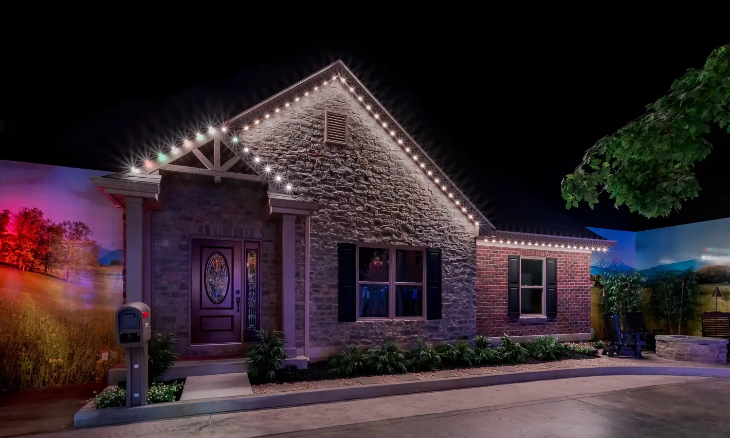 Architectural lighting illuminating a home exterior at night